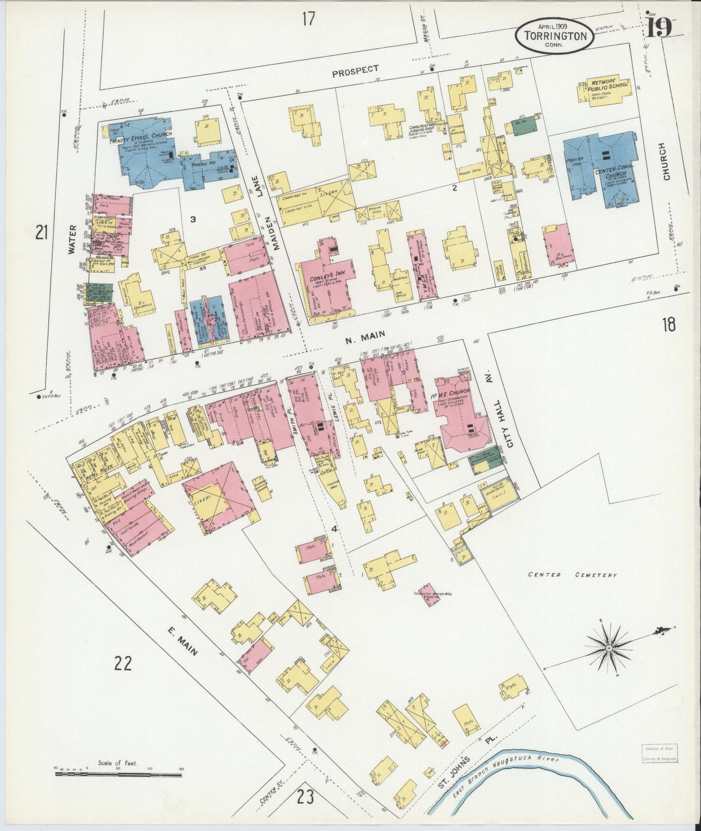 Sanborn Fire Insurance Map from Torrington, Litchfield County, Connecticut (1909), Sheet #0019 - Historic Sanborn Fire Insurance Map Print, vintage old map wall art, antique decor, genealogy gift, Connecticut Connecticut map