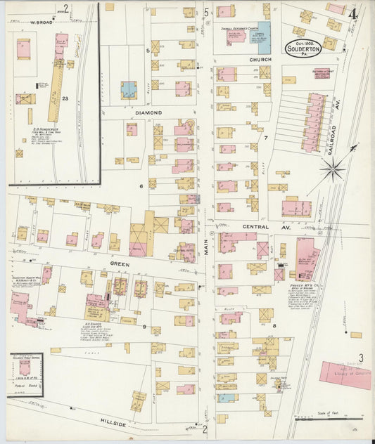 Sanborn Fire Insurance Map from Souderton, Montgomery County, Pennsylvania (1908), Sheet #0004 - Historic Sanborn Fire Insurance Map Print, vintage old map wall art, antique decor, genealogy gift, Pennsylvania Pennsylvania map