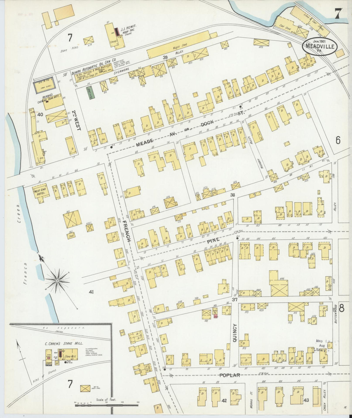 Sanborn Fire Insurance Map from Meadville, Crawford County, Pennsylvania (1901), Sheet #0007 - Historic Sanborn Fire Insurance Map Print, vintage old map wall art, antique decor, genealogy gift, Pennsylvania Pennsylvania map