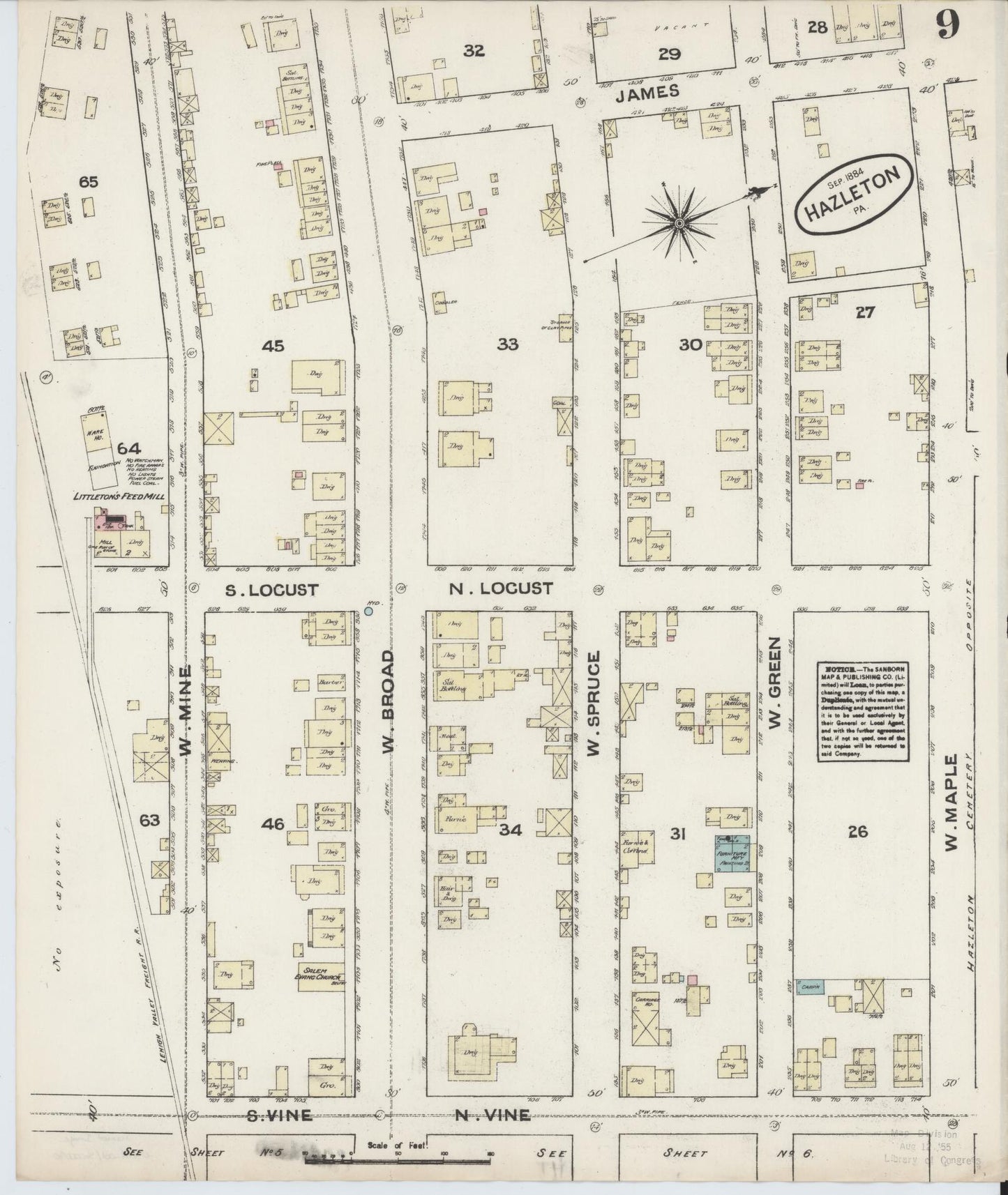 Sanborn Fire Insurance Map from Hazleton, Luzerne County, Pennsylvania (1884), Sheet #0009 - Historic Sanborn Fire Insurance Map Print, vintage old map wall art, antique decor, genealogy gift, Pennsylvania Pennsylvania map