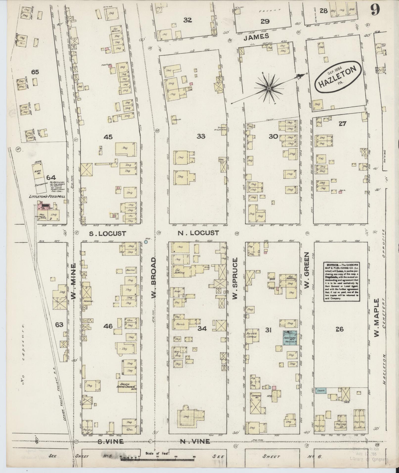 Sanborn Fire Insurance Map from Hazleton, Luzerne County, Pennsylvania (1884), Sheet #0009 - Historic Sanborn Fire Insurance Map Print, vintage old map wall art, antique decor, genealogy gift, Pennsylvania Pennsylvania map