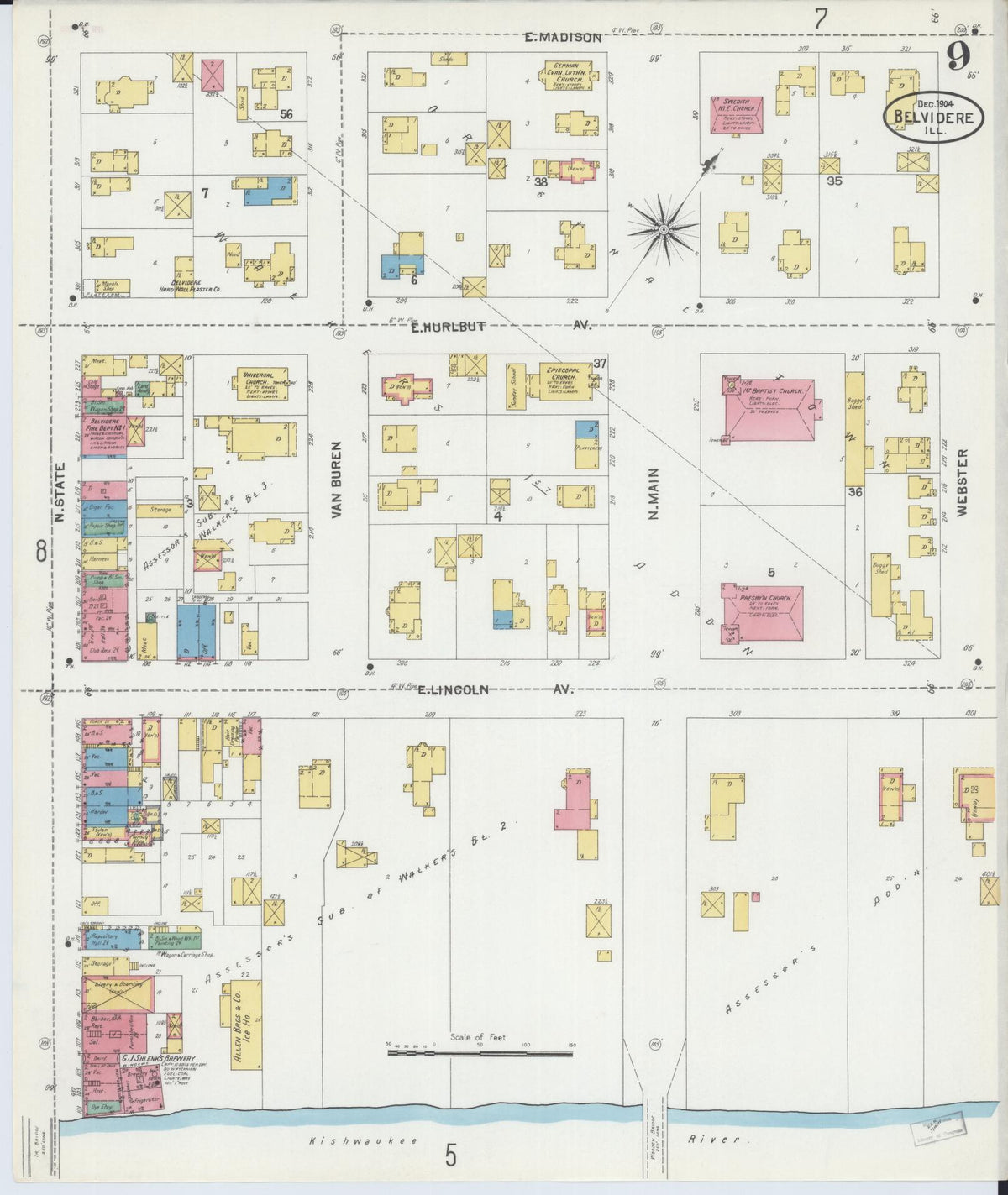 Sanborn Fire Insurance Map from Belvidere, Boone County, Illinois (1904), Sheet #0009 - Complete Map Set gallery image, historic Sanborn map, vintage wall art, Illinois Illinois