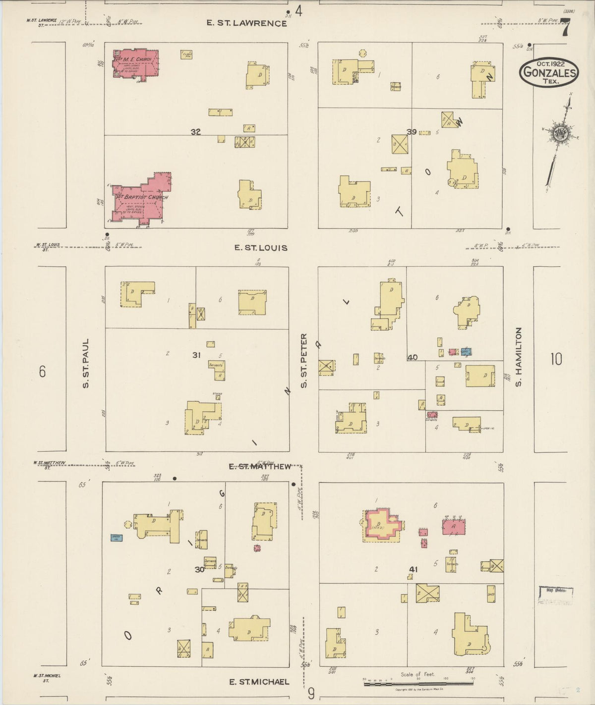 Sanborn Fire Insurance Map from Gonzales, Gonzales County, Texas (1922), Sheet #0007 - Complete Map Set gallery image, historic Sanborn map, vintage wall art, Texas Texas