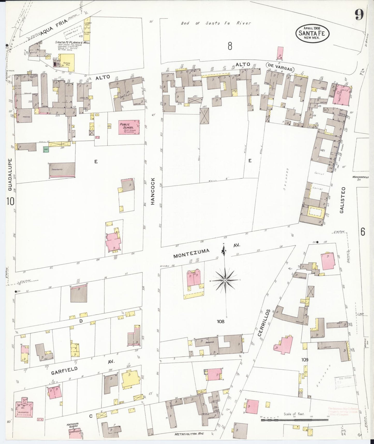 Sanborn Fire Insurance Map from Santa Fe, Santa Fe County, New Mexico (1908), Sheet #0009 - Complete Map Set gallery image, historic Sanborn map, vintage wall art, New Mexico New Mexico