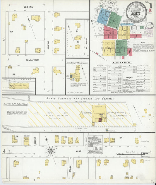 Sanborn Fire Insurance Map from Bowie, Montague County, Texas (1902), Sheet #0001 - Complete Map Set gallery image, historic Sanborn map, vintage wall art, Texas Texas