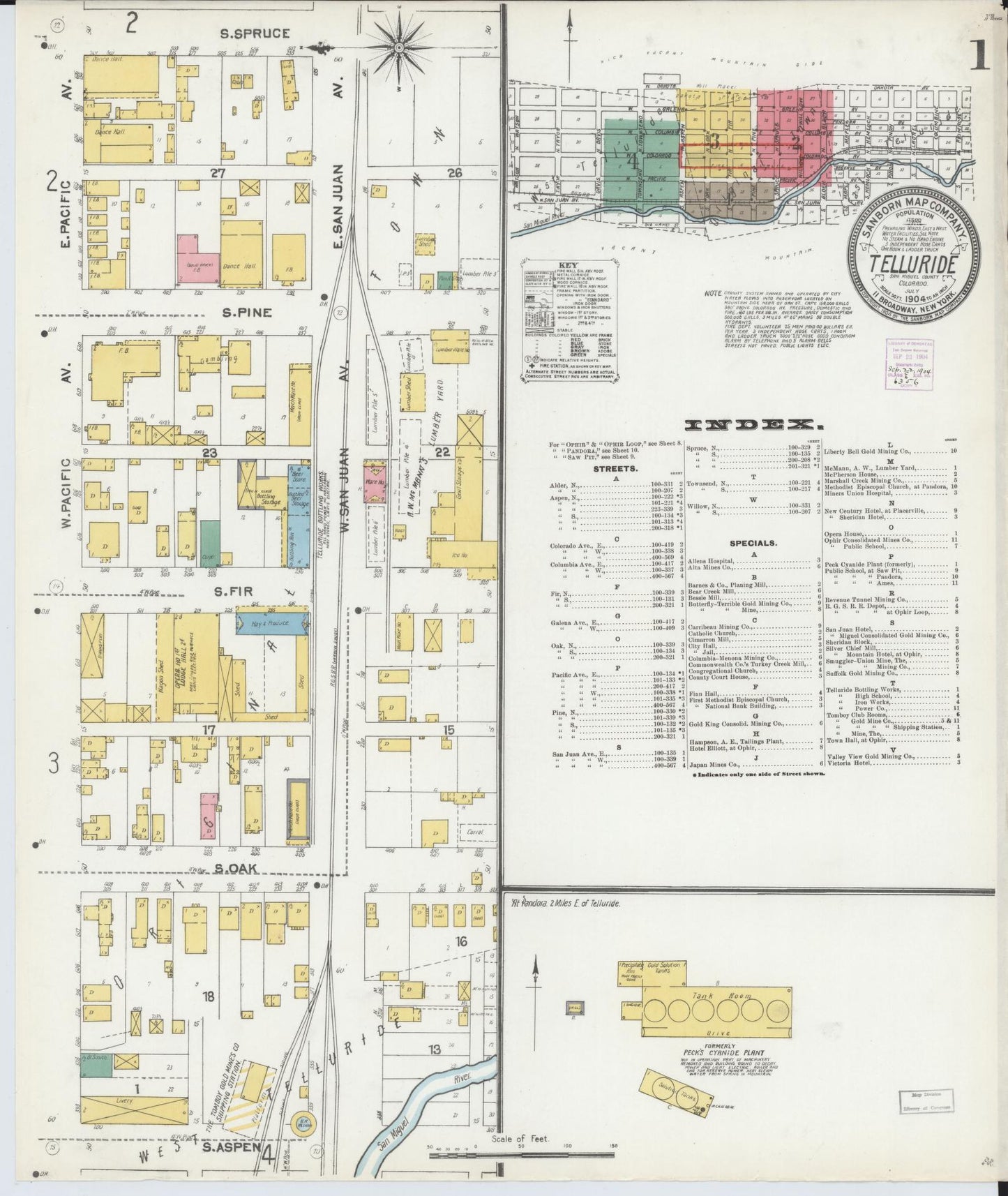 Sanborn Fire Insurance Map from Telluride, San Miguel County, Colorado (1904), Sheet #0001 - Complete Map Set gallery image, historic Sanborn map, vintage wall art, Colorado Colorado