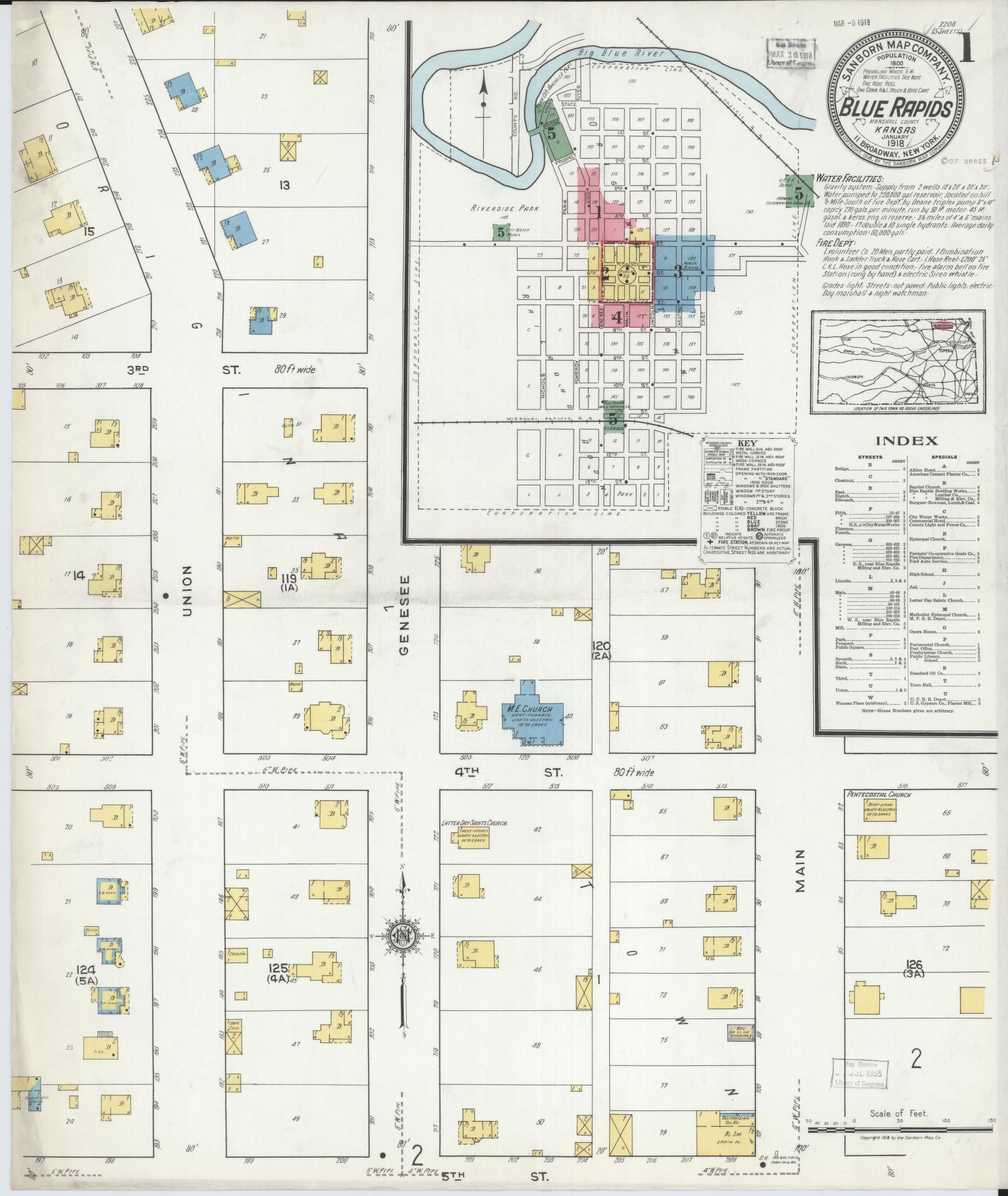 Sanborn Fire Insurance Map from Blue Rapids, Marshall County, Kansas (1918), Sheet #0001 - Historic Sanborn Fire Insurance Map Print, vintage old map wall art, antique decor, genealogy gift, Kansas Kansas map