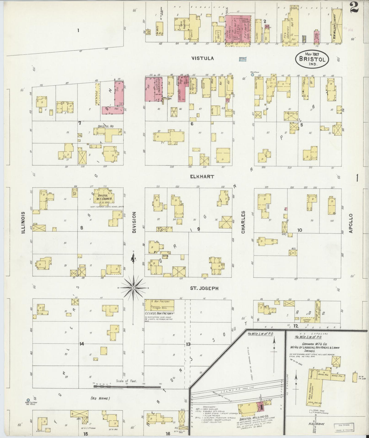 Sanborn Fire Insurance Map from Bristol, Elkhart County, Indiana (1907), Sheet #0002 - Historic Sanborn Fire Insurance Map Print, vintage old map wall art, antique decor, genealogy gift, Indiana Indiana map