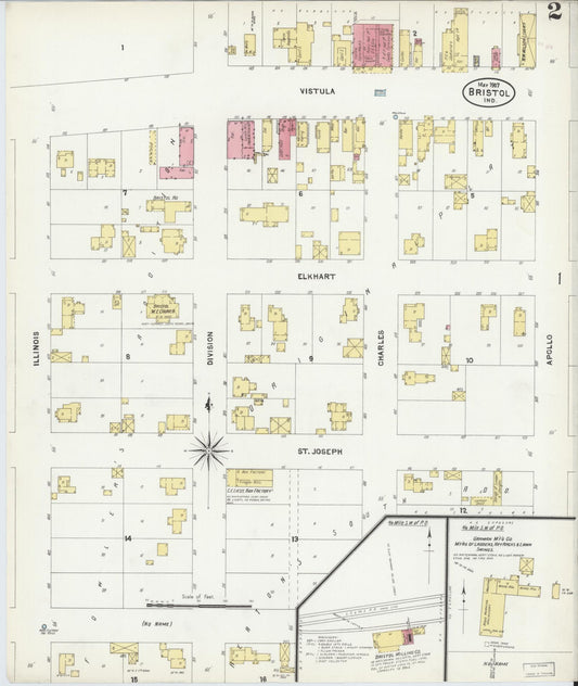 Sanborn Fire Insurance Map from Bristol, Elkhart County, Indiana (1907), Sheet #0002 - Historic Sanborn Fire Insurance Map Print, vintage old map wall art, antique decor, genealogy gift, Indiana Indiana map