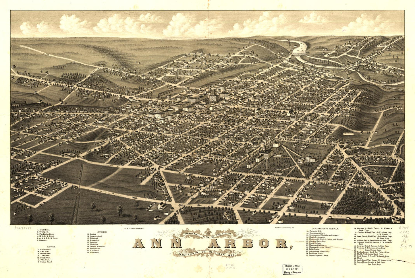 Panoramic view of the city of Ann Arbor, Washtenaw Co., Michigan 1880. (1880) – Historic Bird’s-Eye View Panorama Print