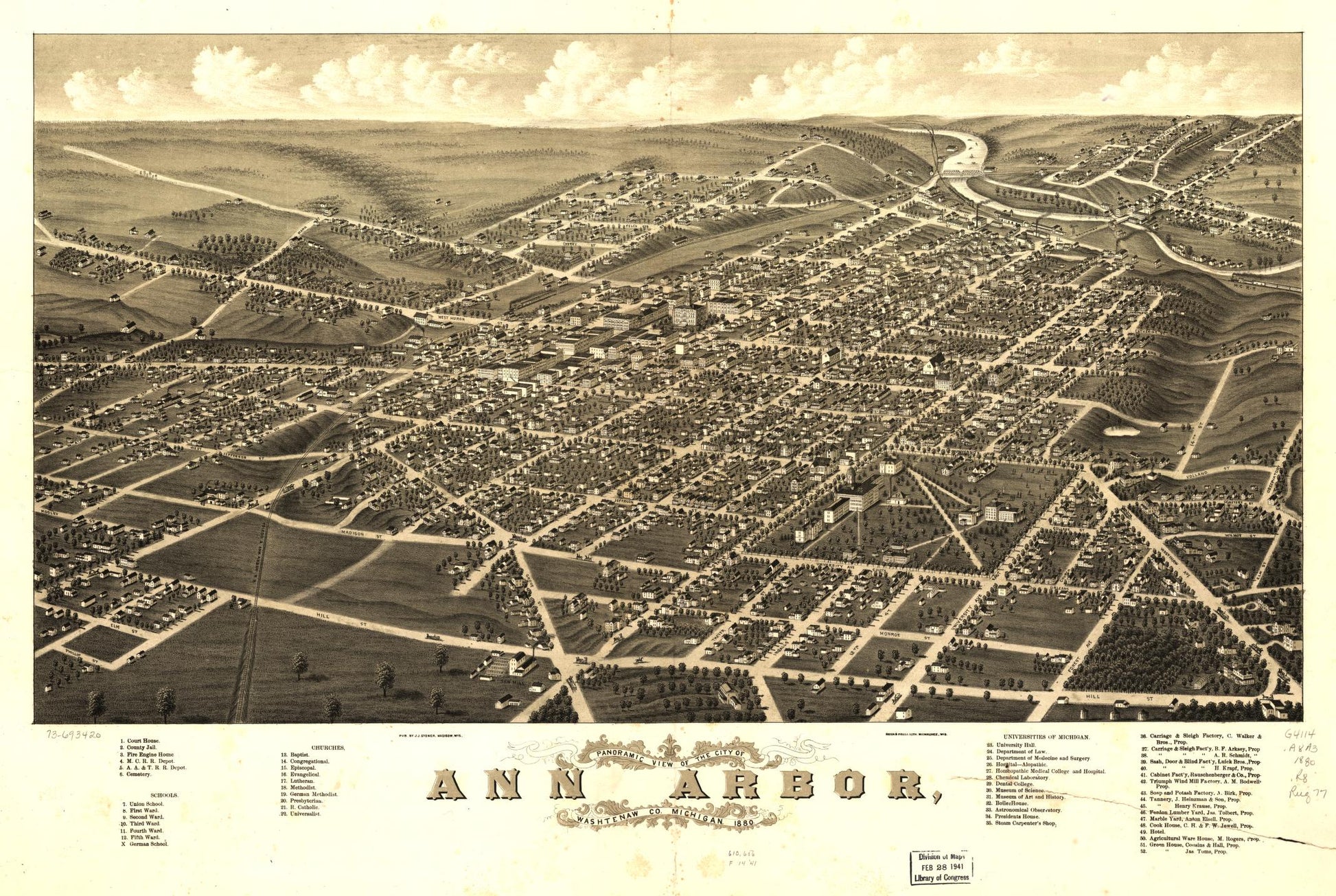 Panoramic view of the city of Ann Arbor, Washtenaw Co., Michigan 1880. (1880) – Historic Bird’s-Eye View Panorama Print