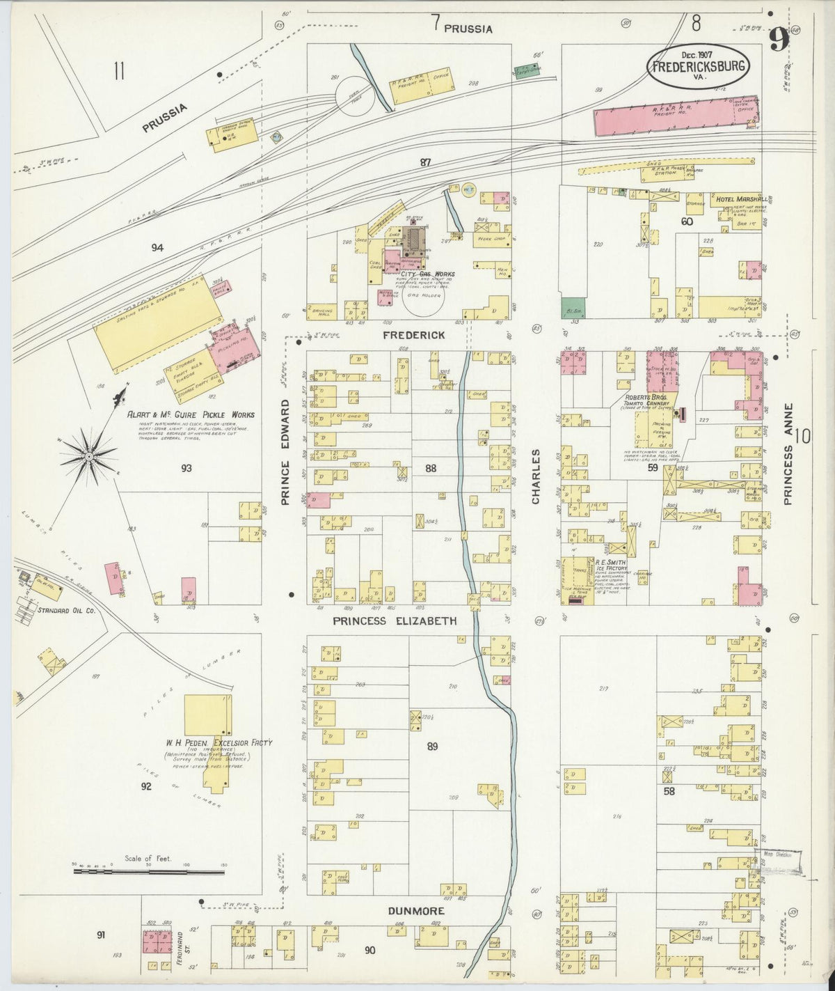 Sanborn Fire Insurance Map from Fredericksburg, Independent Cities, Virginia (1907), Sheet #0009 - Complete Map Set gallery image, historic Sanborn map, vintage wall art, Virginia Virginia