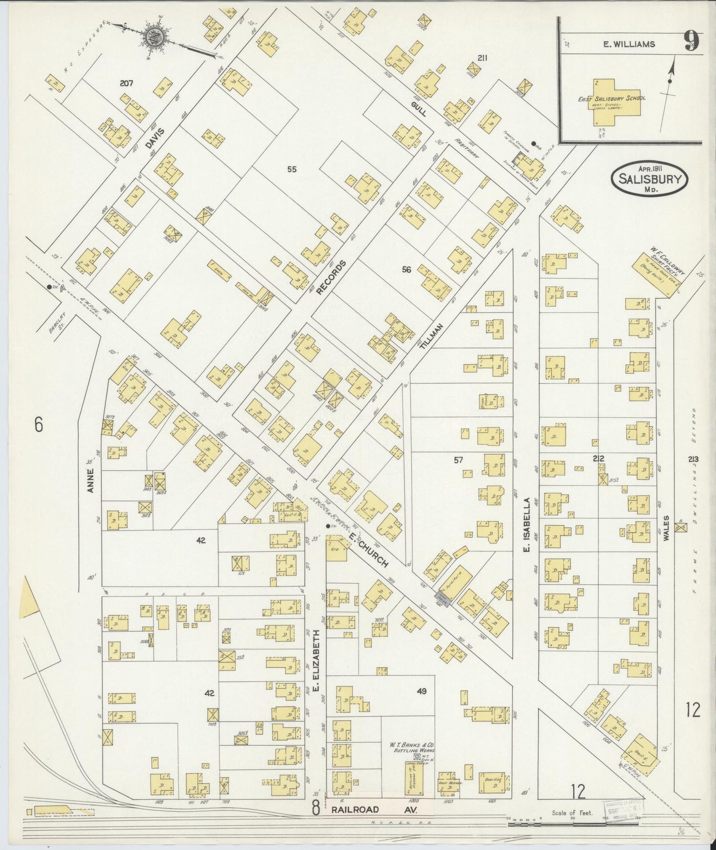 Sanborn Fire Insurance Map from Salisbury, Wicomico County, Maryland (1911), Sheet #0009 - Historic Sanborn Fire Insurance Map Print, vintage old map wall art