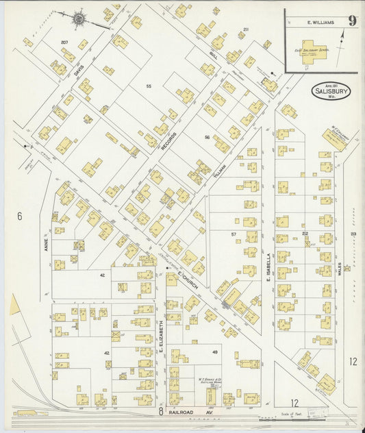 Sanborn Fire Insurance Map from Salisbury, Wicomico County, Maryland (1911), Sheet #0009 - Historic Sanborn Fire Insurance Map Print, vintage old map wall art