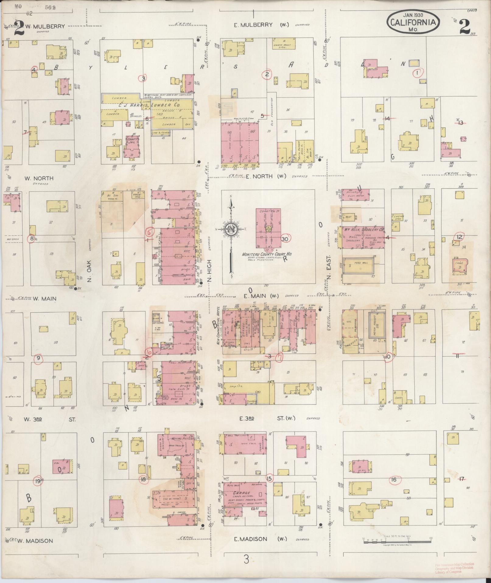Sanborn Fire Insurance Map from California, Moniteau County, Missouri (1938), Sheet #0002 - Complete Map Set gallery image, historic Sanborn map, vintage wall art, California California
