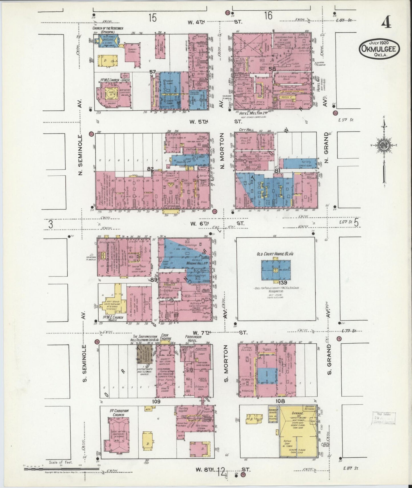 Sanborn Fire Insurance Map from Okmulgee, Okmulgee County, Oklahoma (1920), Sheet #0004 - Complete Map Set gallery image, historic Sanborn map, vintage wall art, Oklahoma Oklahoma