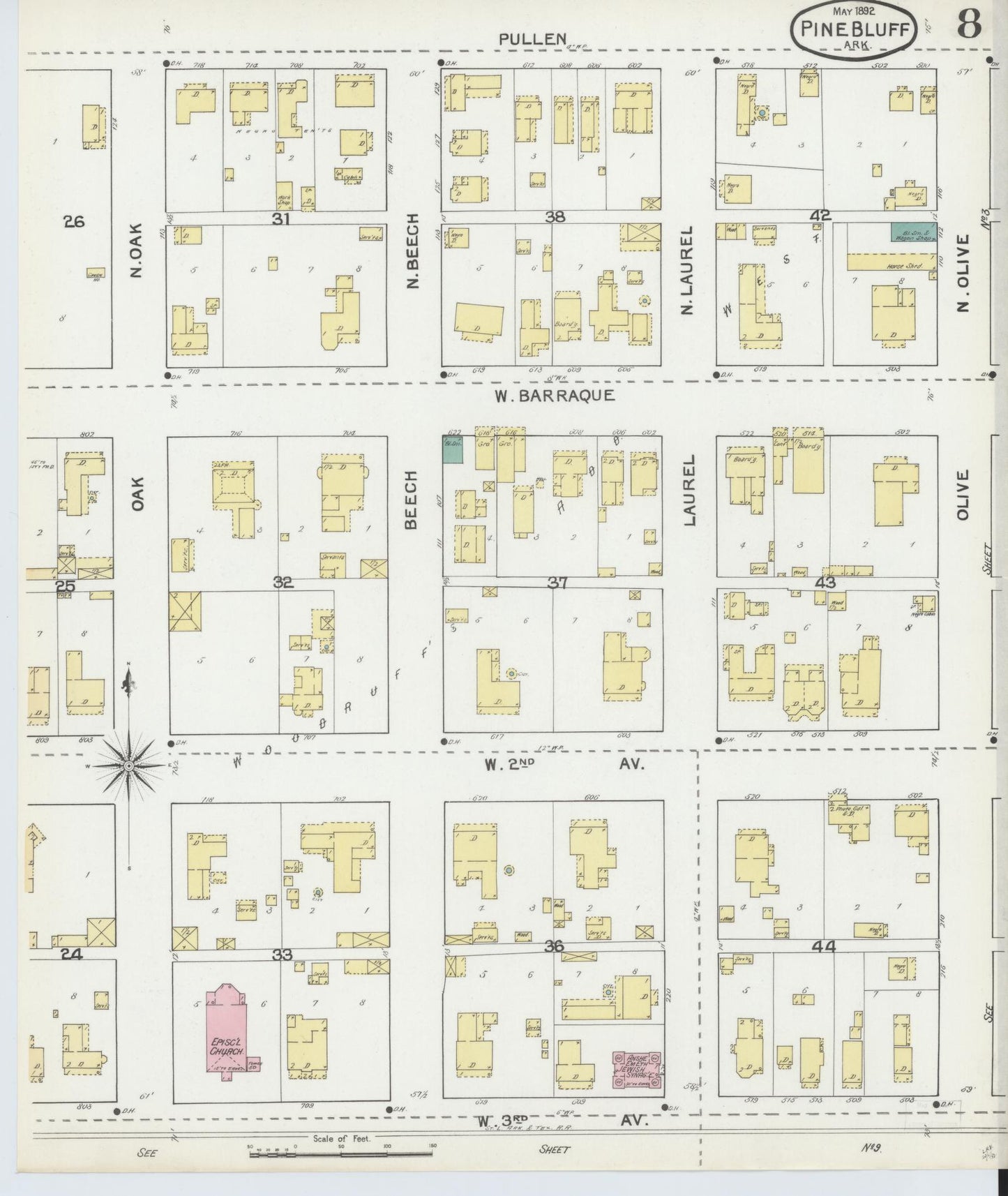 Sanborn Fire Insurance Map from Pine Bluff, Jefferson County, Arkansas (1892), Sheet #0008 - Historic Sanborn Fire Insurance Map Print, vintage old map wall art, antique decor, genealogy gift, Arkansas Arkansas map