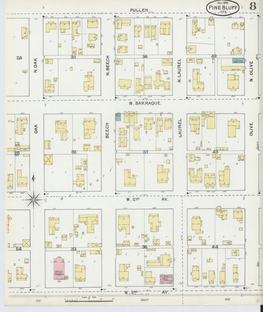 Sanborn Fire Insurance Map from Pine Bluff, Jefferson County, Arkansas (1892), Sheet #0008 - Historic Sanborn Fire Insurance Map Print, vintage old map wall art, antique decor, genealogy gift, Arkansas Arkansas map