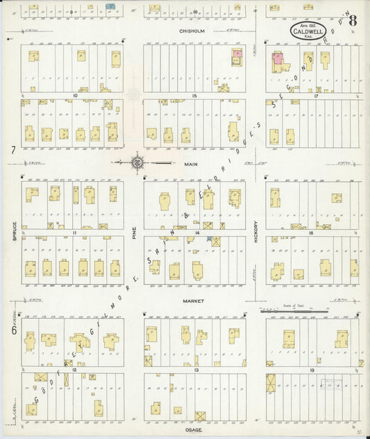 Sanborn Fire Insurance Map from Caldwell, Sumner County, Kansas (1912), Sheet #0008 - Historic Sanborn Fire Insurance Map Print, vintage old map wall art, antique decor, genealogy gift, Kansas Kansas map