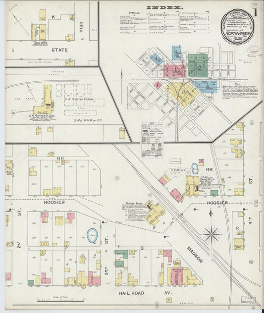 Sanborn Fire Insurance Map from North Vernon, Jennings County, Indiana (1893), Sheet #0001 - Historic Sanborn Fire Insurance Map Print, vintage old map wall art, antique decor, genealogy gift, Indiana Indiana map