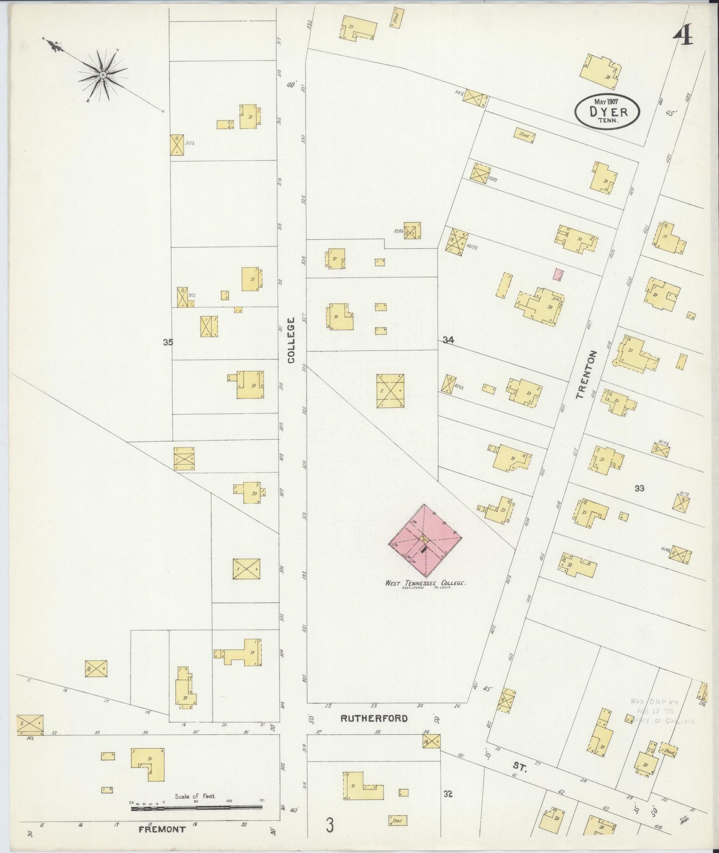Sanborn Fire Insurance Map from Dyer, Gibson County, Tennessee (1907), Sheet #0004 - Historic Sanborn Fire Insurance Map Print, vintage old map wall art, antique decor, genealogy gift, Tennessee Tennessee map