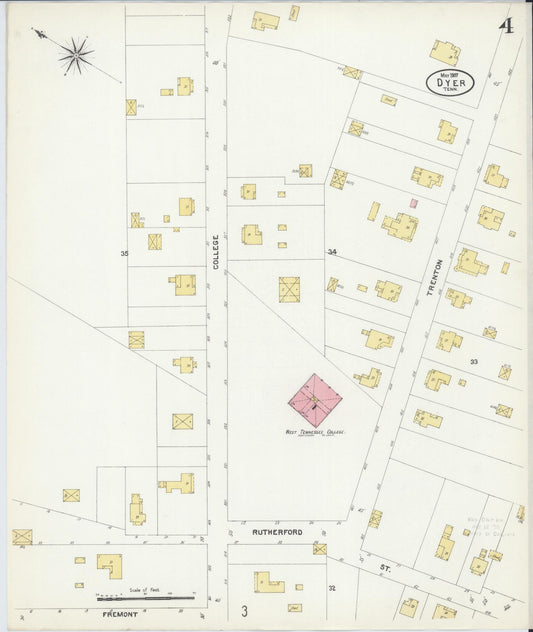 Sanborn Fire Insurance Map from Dyer, Gibson County, Tennessee (1907), Sheet #0004 - Historic Sanborn Fire Insurance Map Print, vintage old map wall art, antique decor, genealogy gift, Tennessee Tennessee map