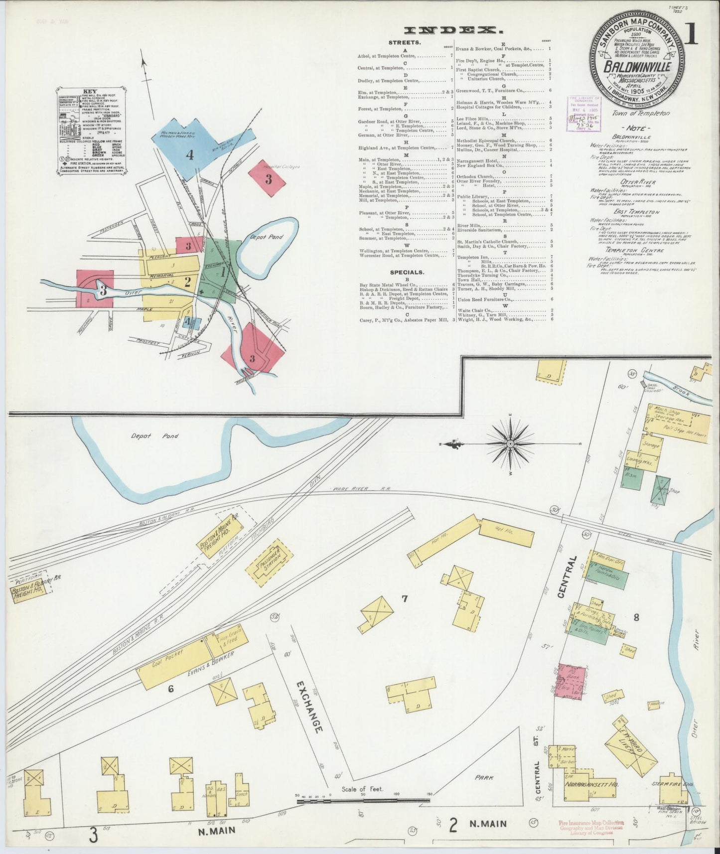 Sanborn Fire Insurance Map from Baldwinville, Worcester County, Massachusetts (1905), Sheet #0001 - Complete Map Set gallery image, historic Sanborn map, vintage wall art, Massachusetts Massachusetts