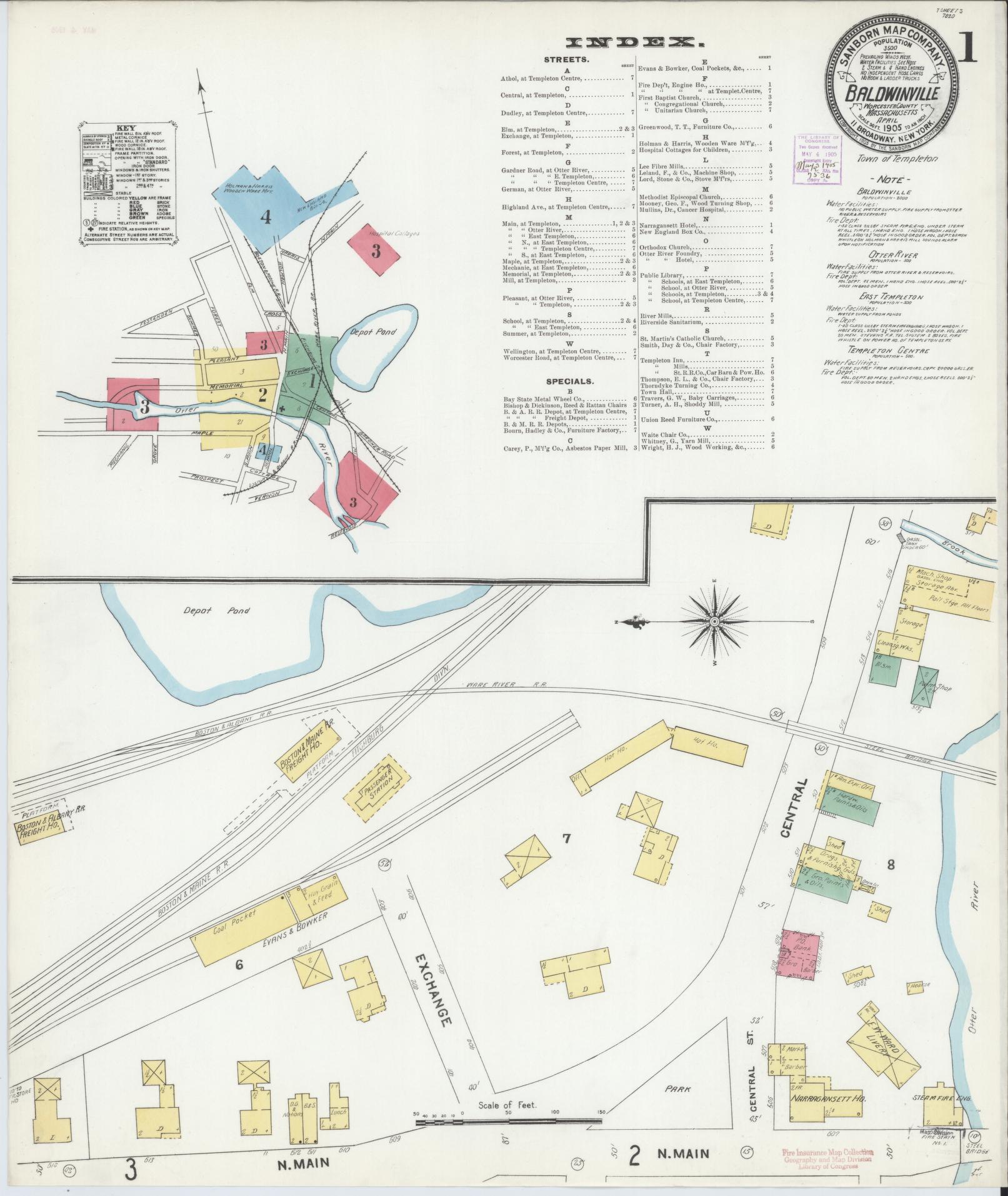 Sanborn Fire Insurance Map from Baldwinville, Worcester County, Massachusetts (1905), Sheet #0001 - Complete Map Set gallery image, historic Sanborn map, vintage wall art, Massachusetts Massachusetts