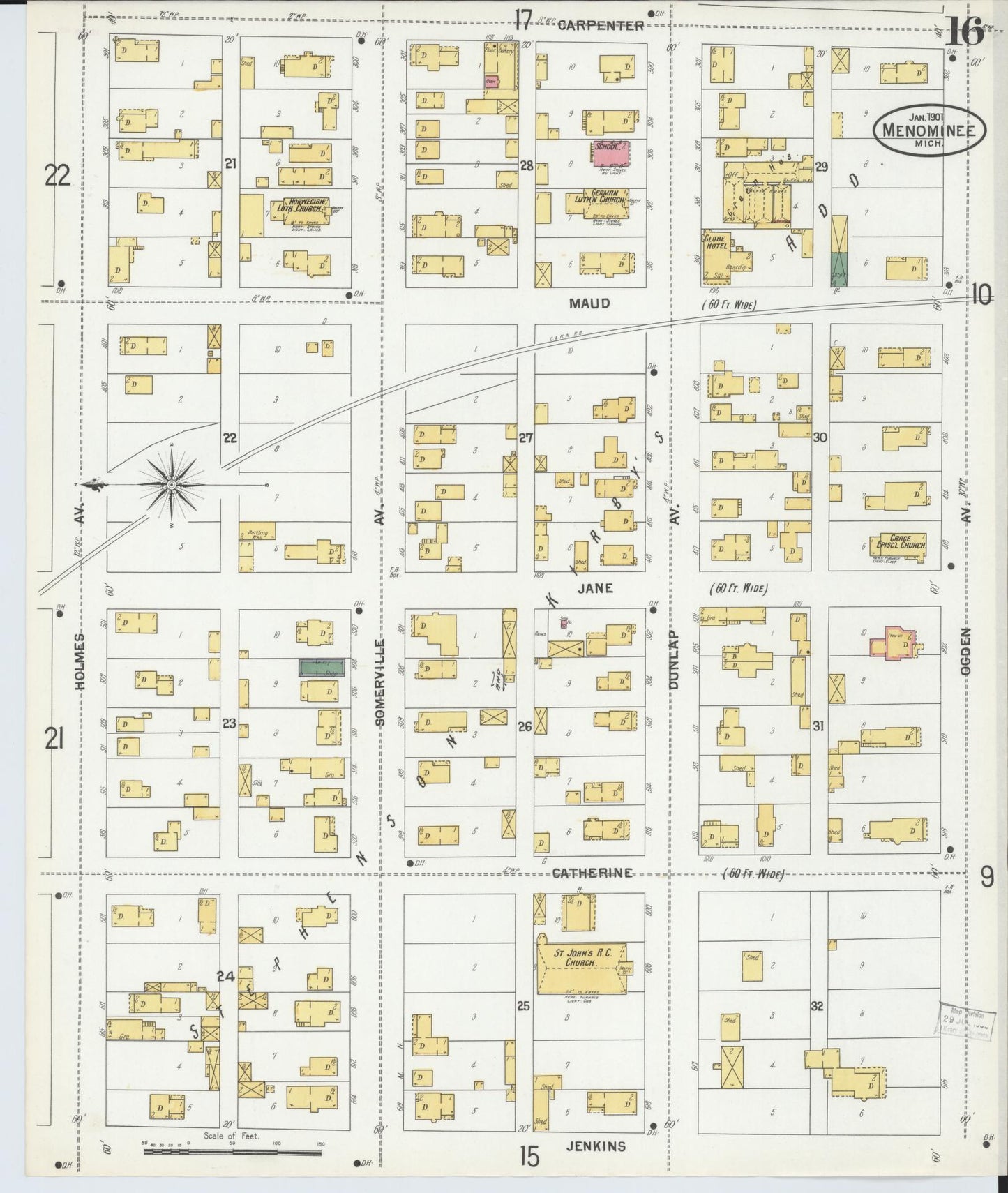 Sanborn Fire Insurance Map from Menominee, Menominee County, Michigan (1901), Sheet #0016 - Complete Map Set gallery image, historic Sanborn map, vintage wall art, Michigan Michigan