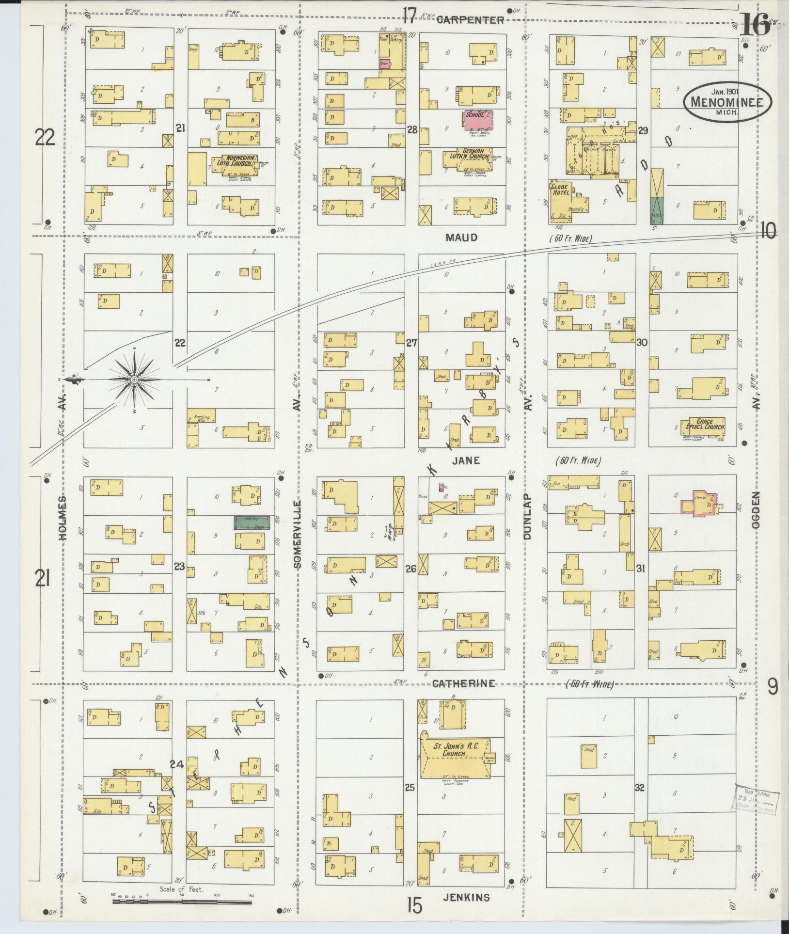 Sanborn Fire Insurance Map from Menominee, Menominee County, Michigan (1901), Sheet #0016 - Complete Map Set gallery image, historic Sanborn map, vintage wall art, Michigan Michigan