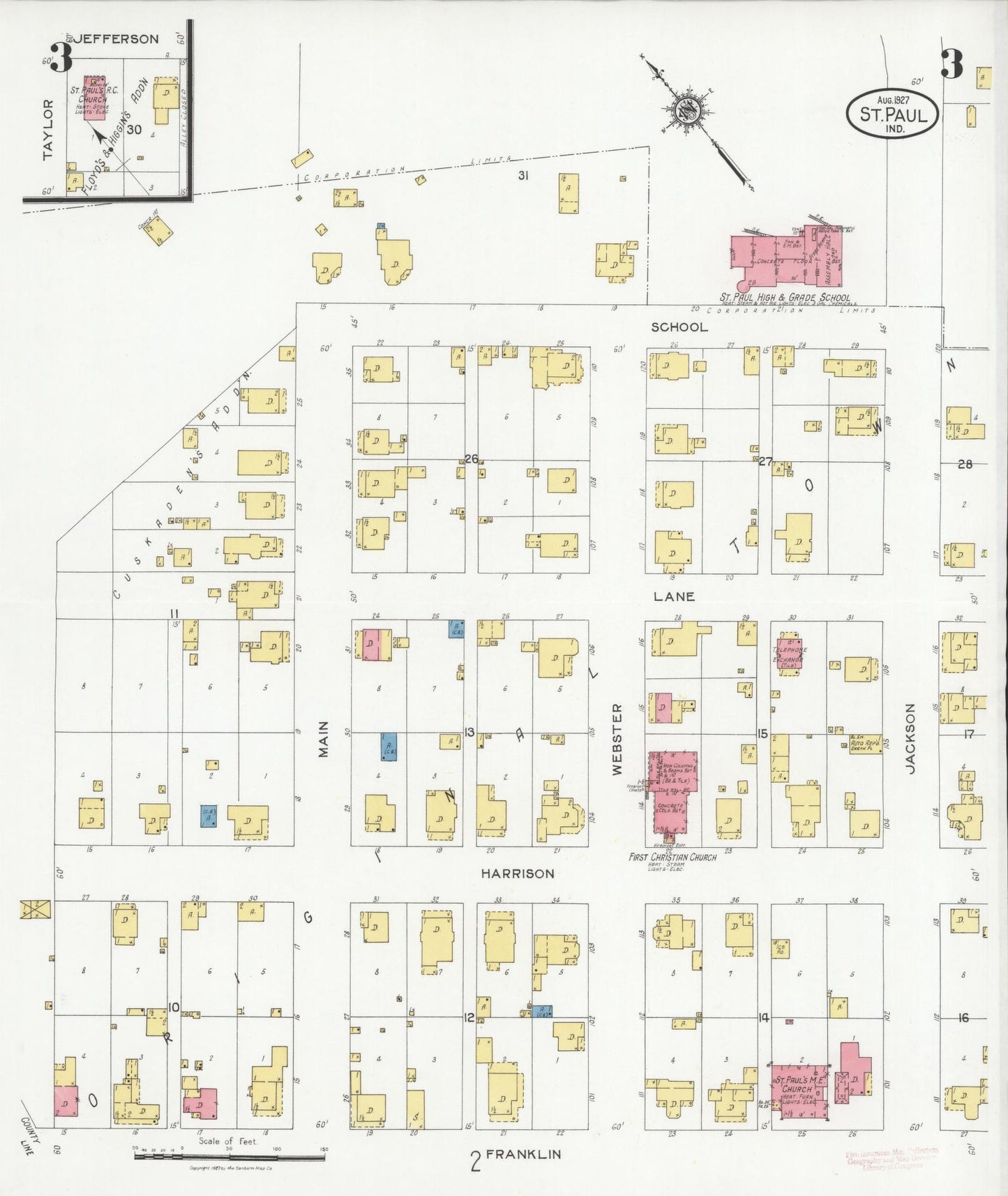 Sanborn Fire Insurance Map from Saint Paul, Shelby And Decatur Counties, Indiana (1927), Sheet #0003 - Complete Map Set gallery image, historic Sanborn map, vintage wall art, Indiana Indiana