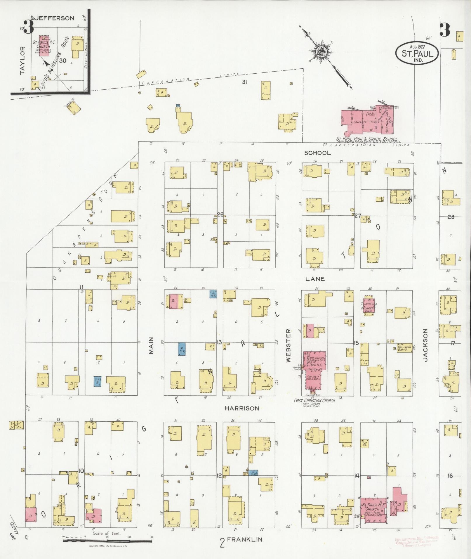 Sanborn Fire Insurance Map from Saint Paul, Shelby And Decatur Counties, Indiana (1927), Sheet #0003 - Complete Map Set gallery image, historic Sanborn map, vintage wall art, Indiana Indiana