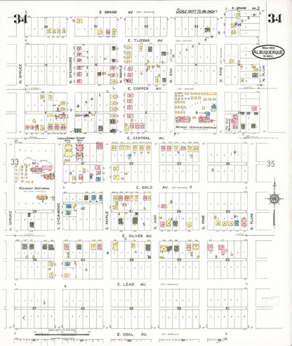 Sanborn Fire Insurance Map from Albuquerque, Bernalillo County, New Mexico (1924), Sheet #0034 - Complete Map Set gallery image, historic Sanborn map, vintage wall art, New Mexico New Mexico