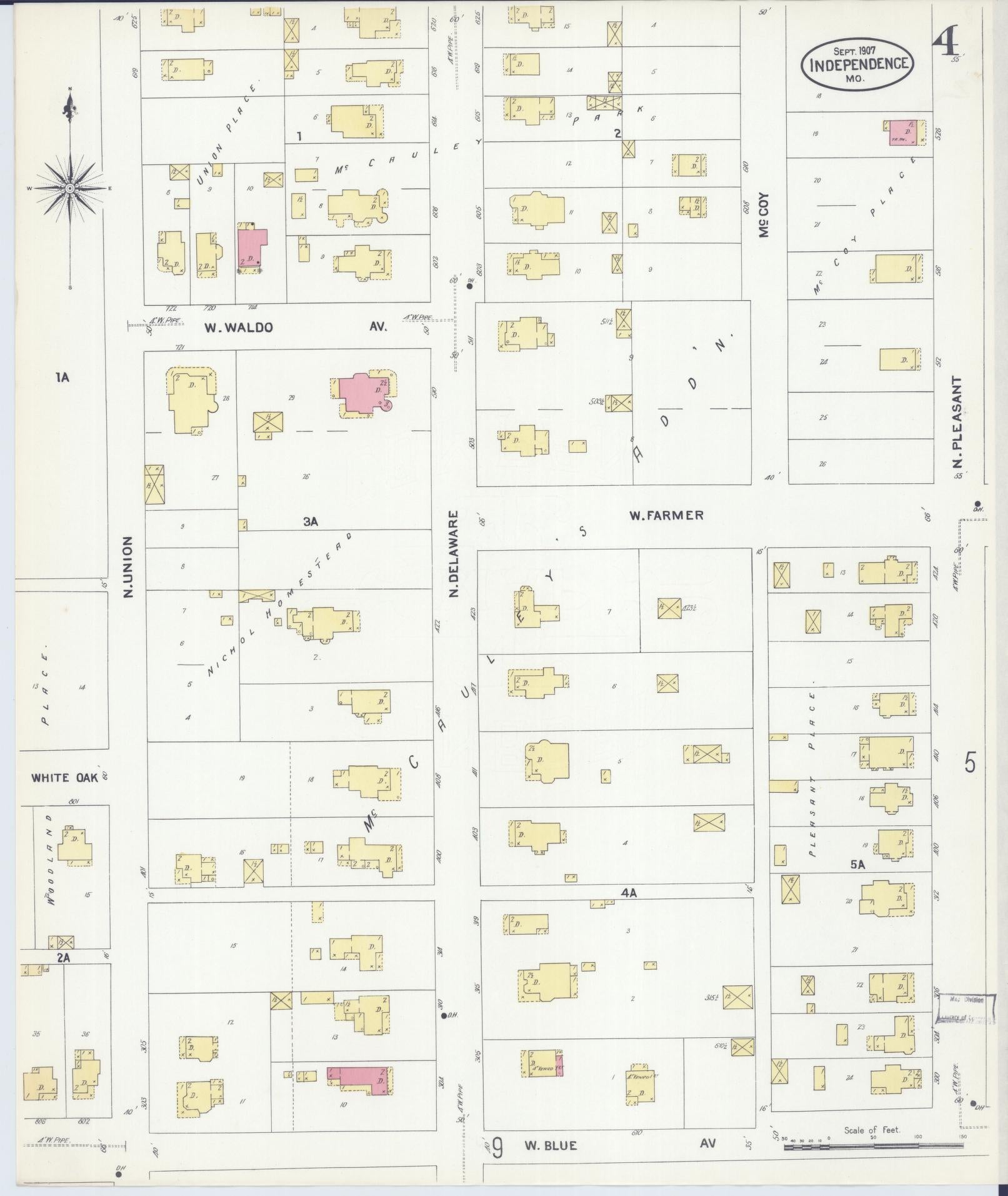 Sanborn Fire Insurance Map from Independence, Jackson County, Missouri (1907), Sheet #0004 - Complete Map Set gallery image, historic Sanborn map, vintage wall art, Missouri Missouri