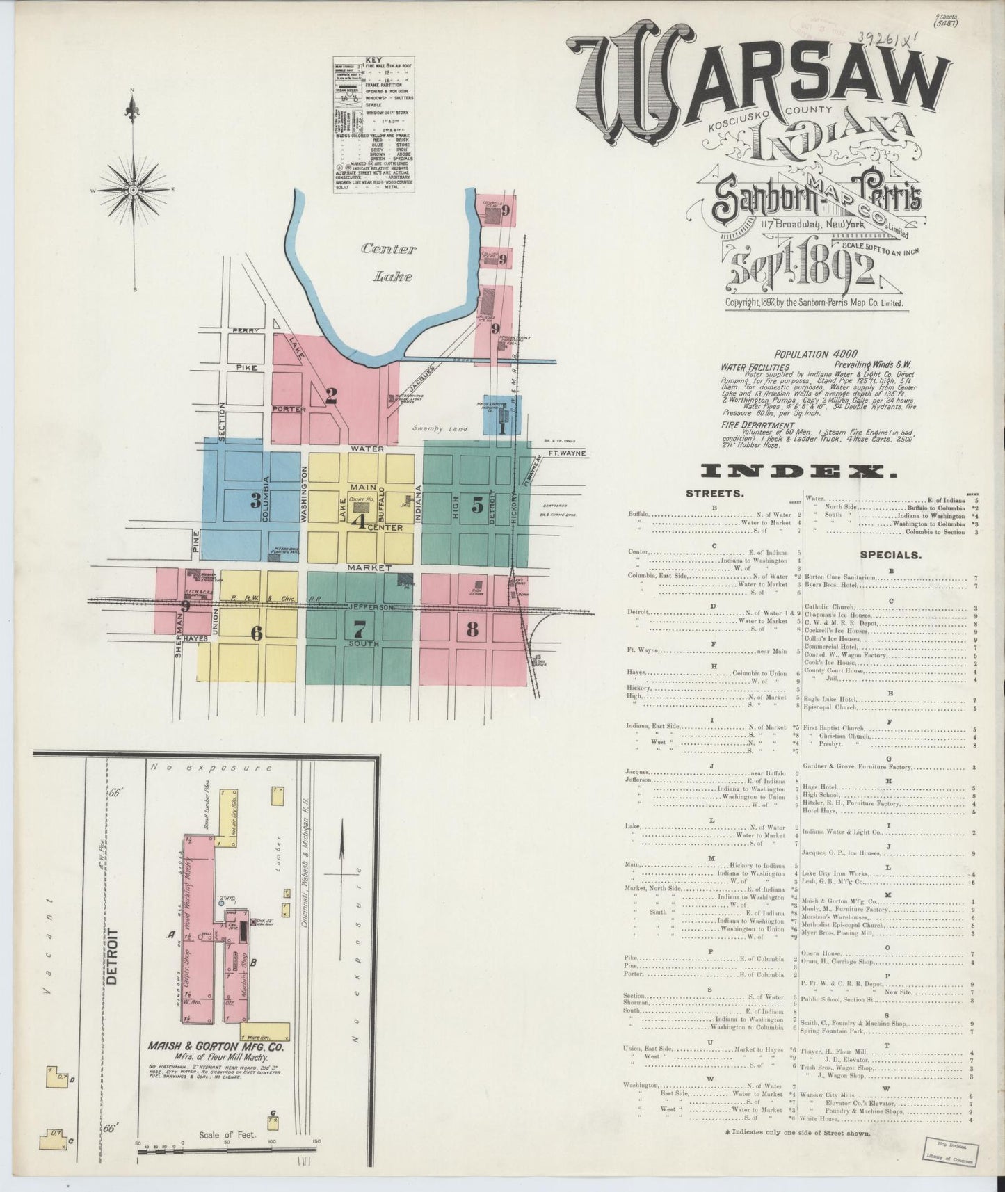 Sanborn Fire Insurance Map from Warsaw, Kosciusko County, Indiana (1892), Sheet #0001 - Historic Sanborn Fire Insurance Map Print, vintage old map wall art, antique decor, genealogy gift, Indiana Indiana map