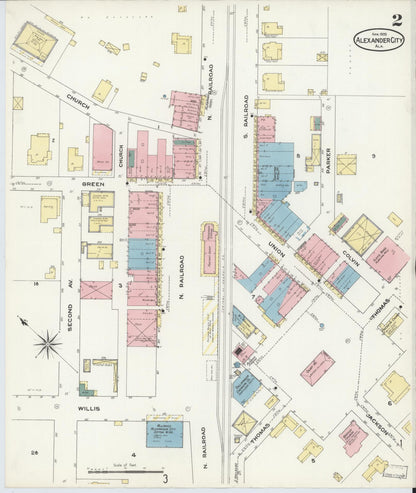 Sanborn Fire Insurance Map from Alexander City, Tallapoosa County, Alabama (1909), Sheet #0002 - Complete Map Set gallery image, historic Sanborn map, vintage wall art, Alabama Alabama
