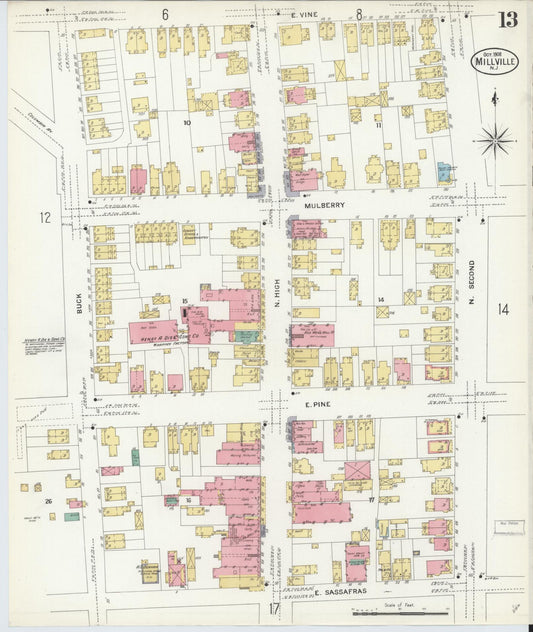 Sanborn Fire Insurance Map from Millville, Cumberland County, New Jersey (1908), Sheet #0013 - Historic Sanborn Fire Insurance Map Print, vintage old map wall art, antique decor, genealogy gift, New Jersey New Jersey map