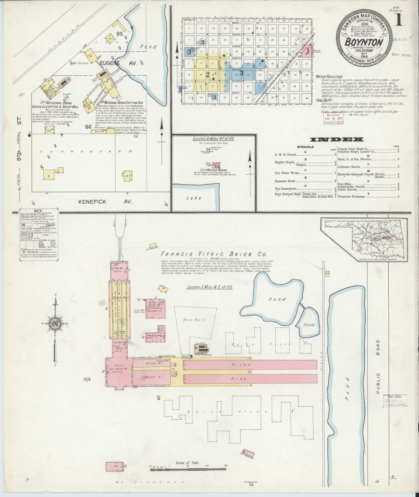 Sanborn Fire Insurance Map from Boynton, Muskogee County, Oklahoma (1914), Sheet #0001 - Historic Sanborn Fire Insurance Map Print, vintage old map wall art, antique decor, genealogy gift, Oklahoma Oklahoma map