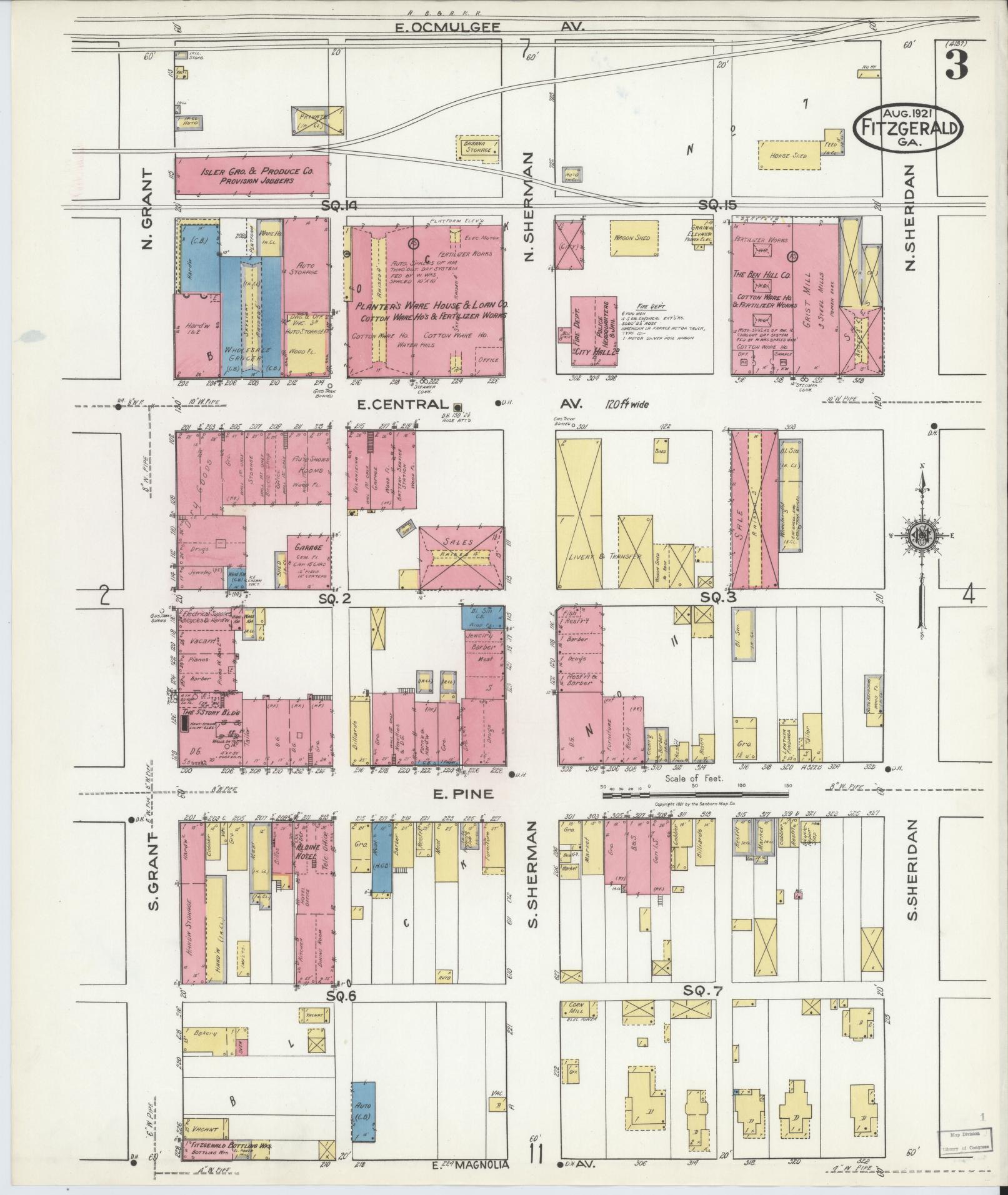 Sanborn Fire Insurance Map from Fitzgerald, Ben Hill County, Georgia (1921), Sheet #0003 - Complete Map Set gallery image, historic Sanborn map, vintage wall art, Georgia Georgia