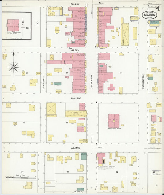 Sanborn Fire Insurance Map from Macon, Noxubee County, Mississippi (1909), Sheet #0004 - Historic Sanborn Fire Insurance Map Print, vintage old map wall art, antique decor, genealogy gift, Mississippi Mississippi map