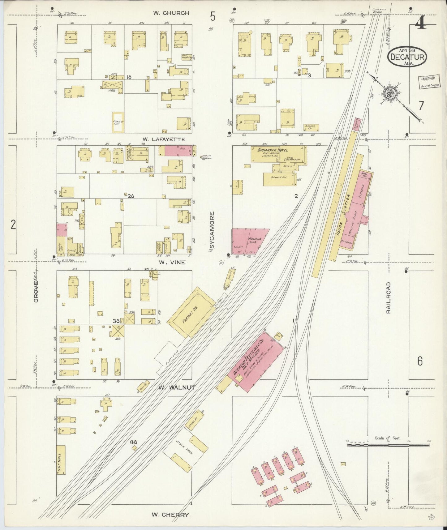 Sanborn Fire Insurance Map from Decatur, Morgan County, Alabama (1913), Sheet #0004 - Complete Map Set gallery image, historic Sanborn map, vintage wall art, Alabama Alabama