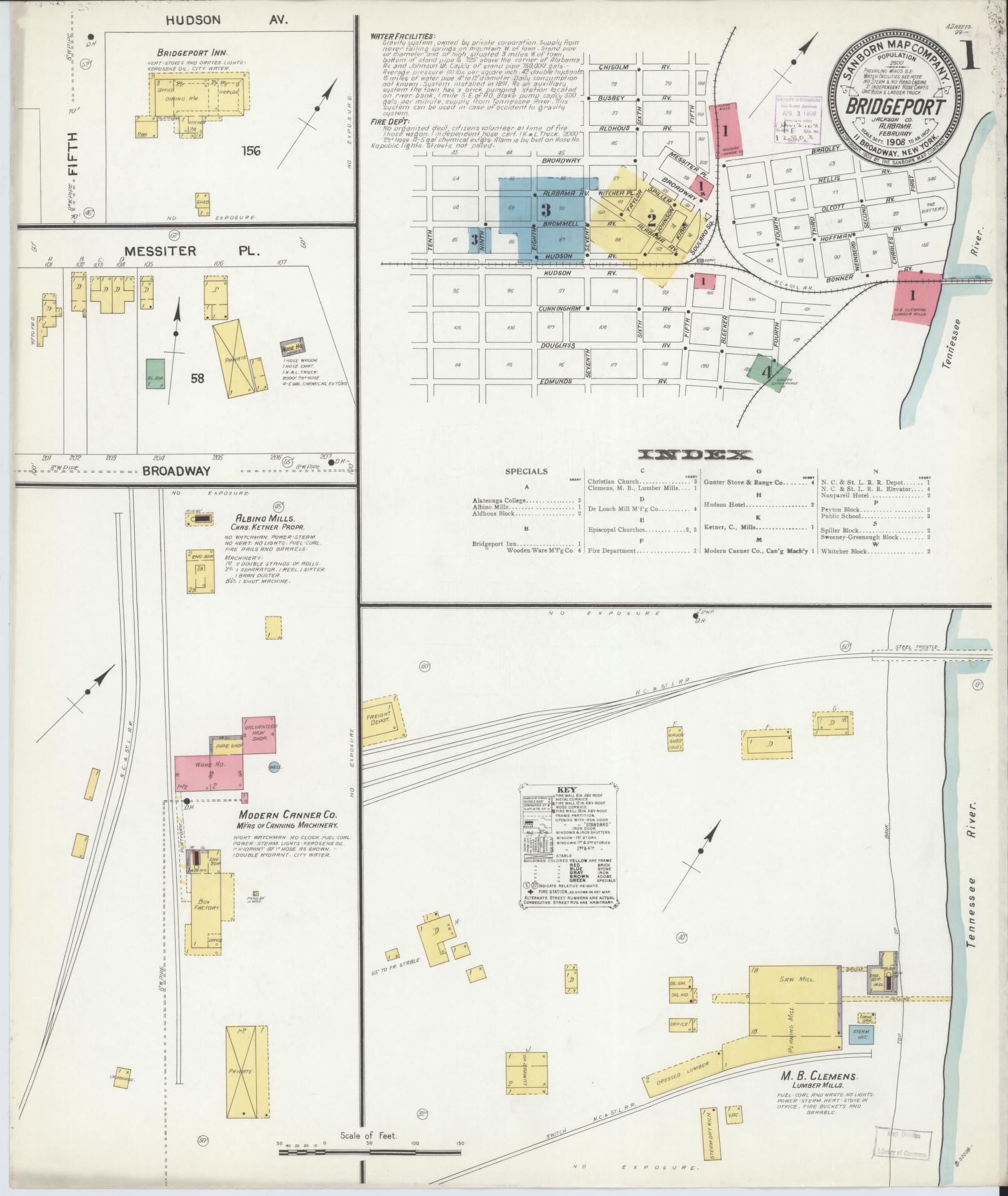 Sanborn Fire Insurance Map from Bridgeport, Jackson County, Alabama (1908), Sheet #0001 - Historic Sanborn Fire Insurance Map Print, vintage old map wall art, antique decor, genealogy gift, Alabama Alabama map