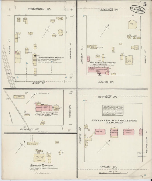 Sanborn Fire Insurance Map from Columbia, Richland County, South Carolina (1884), Sheet #0005 - Historic Sanborn Fire Insurance Map Print, vintage old map wall art, antique decor, genealogy gift, South Carolina South Carolina map