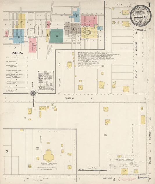Sanborn Fire Insurance Map from Gardena, Los Angeles County, California (1912), Sheet #0001 - Complete Map Set gallery image, historic Sanborn map, vintage wall art, California California