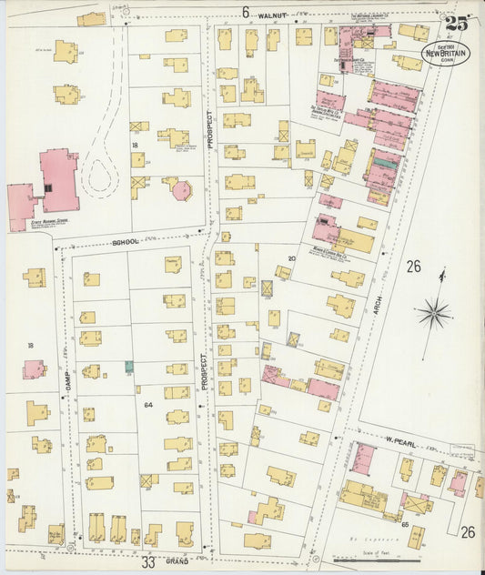 Sanborn Fire Insurance Map from New Britain, Hartford County, Connecticut (1901), Sheet #0025 - Historic Sanborn Fire Insurance Map Print, vintage old map wall art, antique decor, genealogy gift, Connecticut Connecticut map
