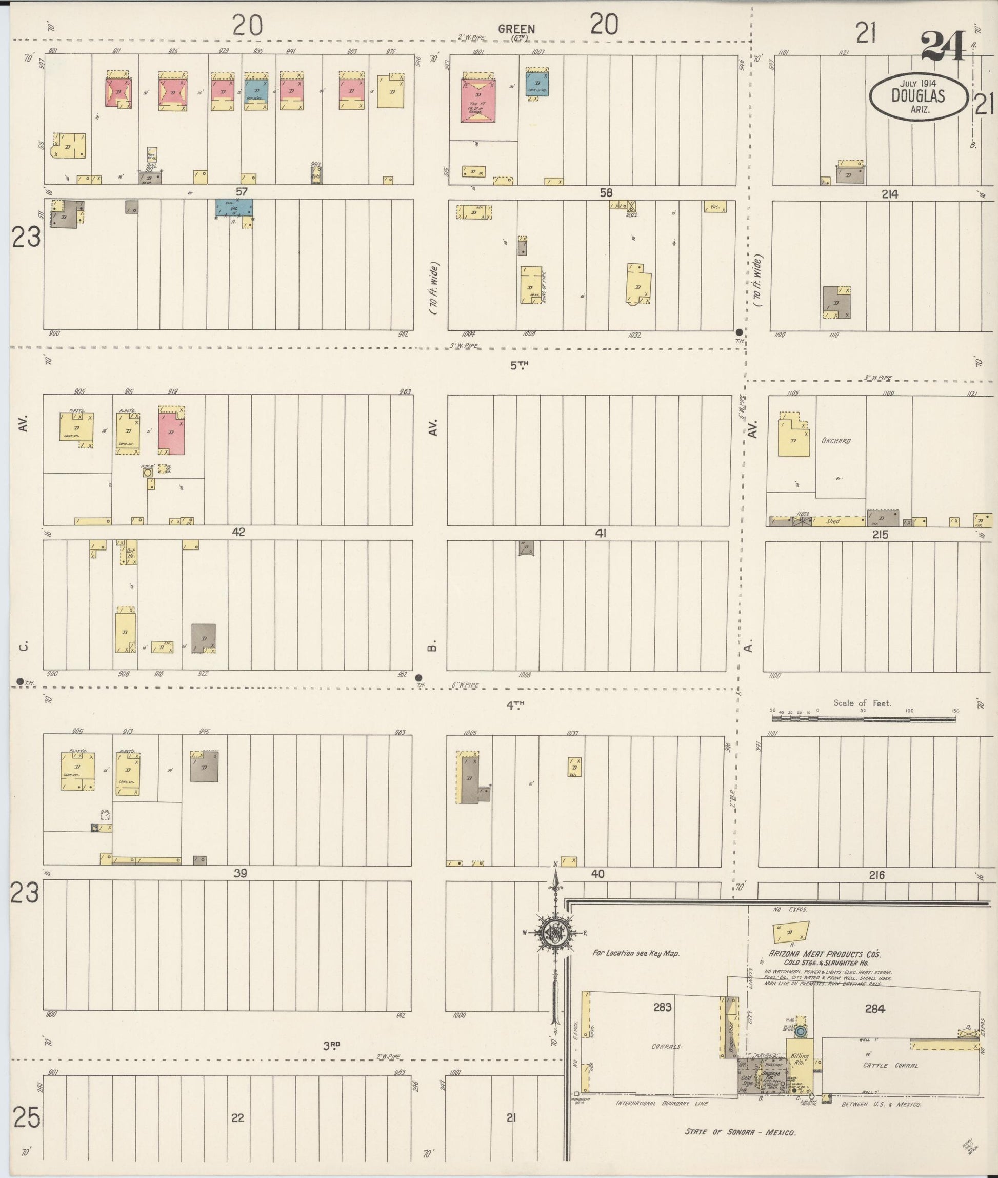 Sanborn Fire Insurance Map from Douglas, Cochise County, Arizona (1914), Sheet #0024 - Complete Map Set gallery image, historic Sanborn map, vintage wall art, Arizona Arizona