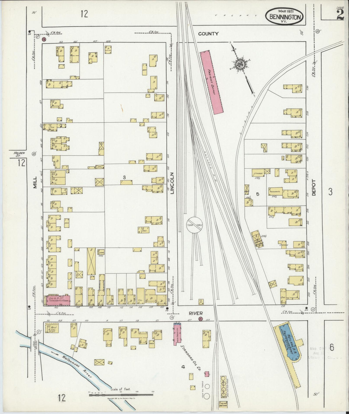 Sanborn Fire Insurance Map from Bennington, Bennington County, Vermont (1921), Sheet #0002 - Complete Map Set gallery image, historic Sanborn map, vintage wall art, Vermont Vermont