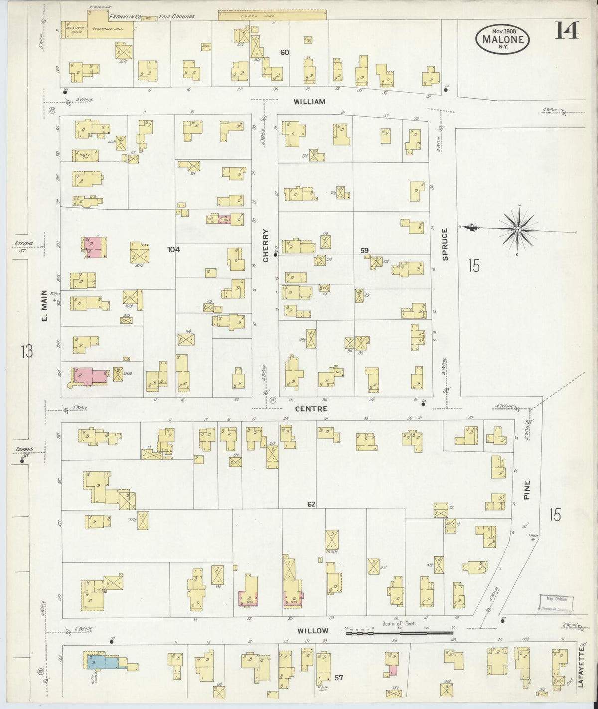 Sanborn Fire Insurance Map from Malone, Franklin County, New York (1908), Sheet #0014 - Complete Map Set gallery image, historic Sanborn map, vintage wall art, New York New York