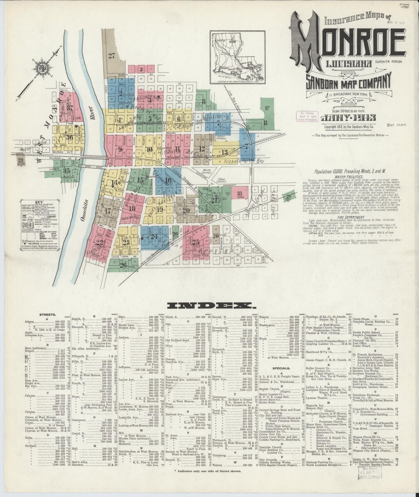 Sanborn Fire Insurance Map from Monroe, Ouachita Parish, Louisiana. (1913) – Historic Sanborn Fire Insurance Map Print