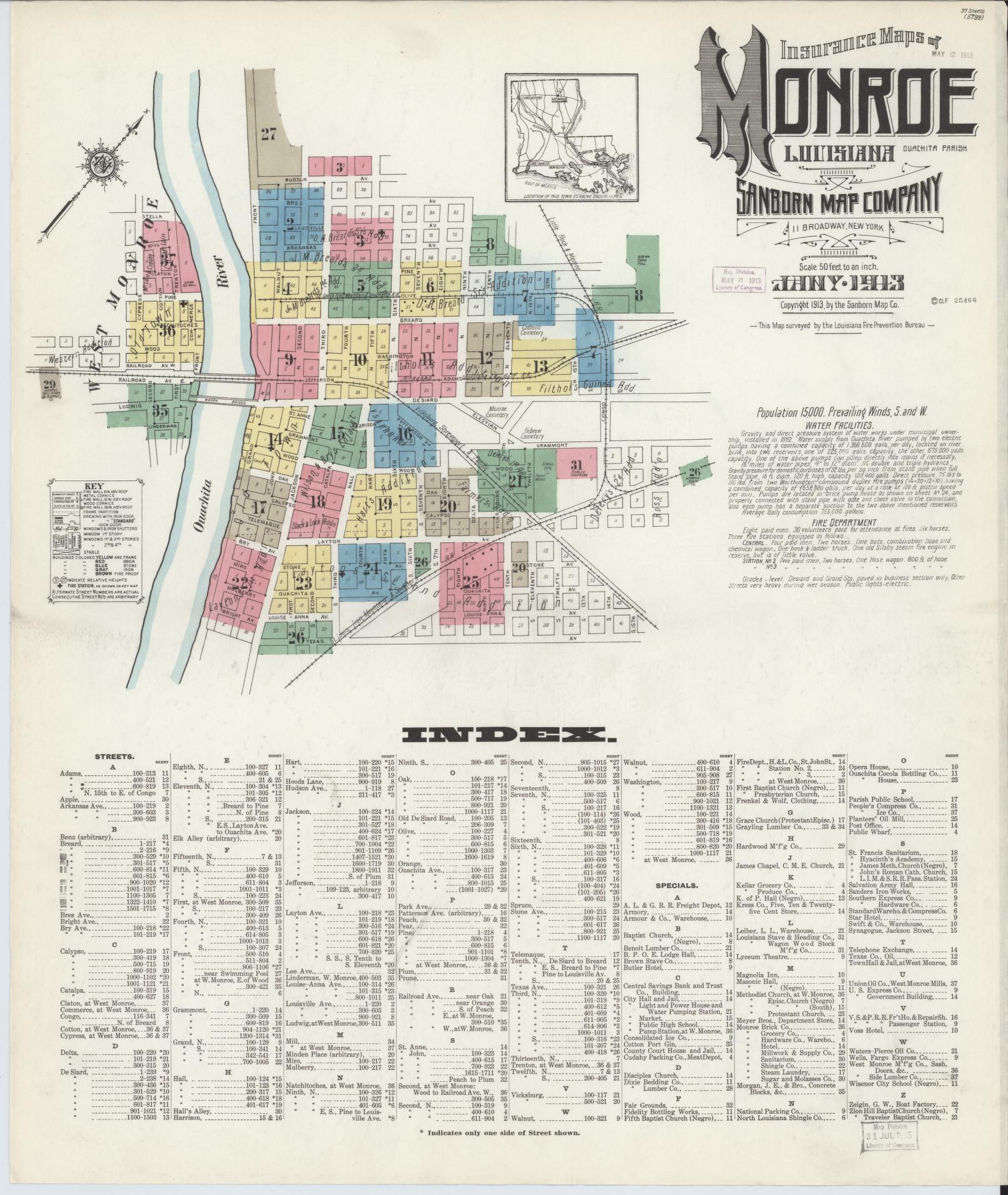 Sanborn Fire Insurance Map from Monroe, Ouachita Parish, Louisiana. (1913) – Historic Sanborn Fire Insurance Map Print